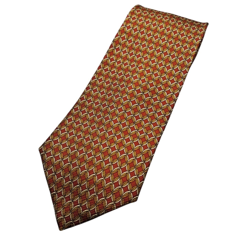 Brooks Brothers Makers Silk Necktie Mens Red Gold Geometric Print Tie‎ Office